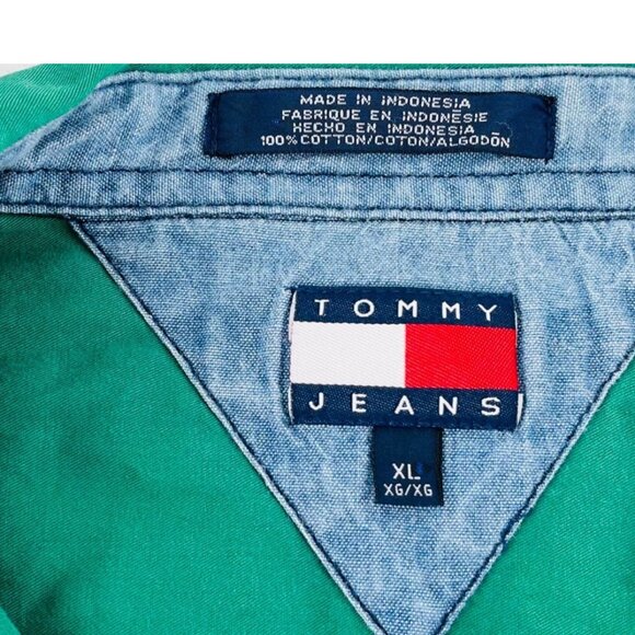 Vintage Tommy Jeans HIlfiger XL Green Denim Button-Up Shirt Mens Long Sleeves - Picture 2 of 4